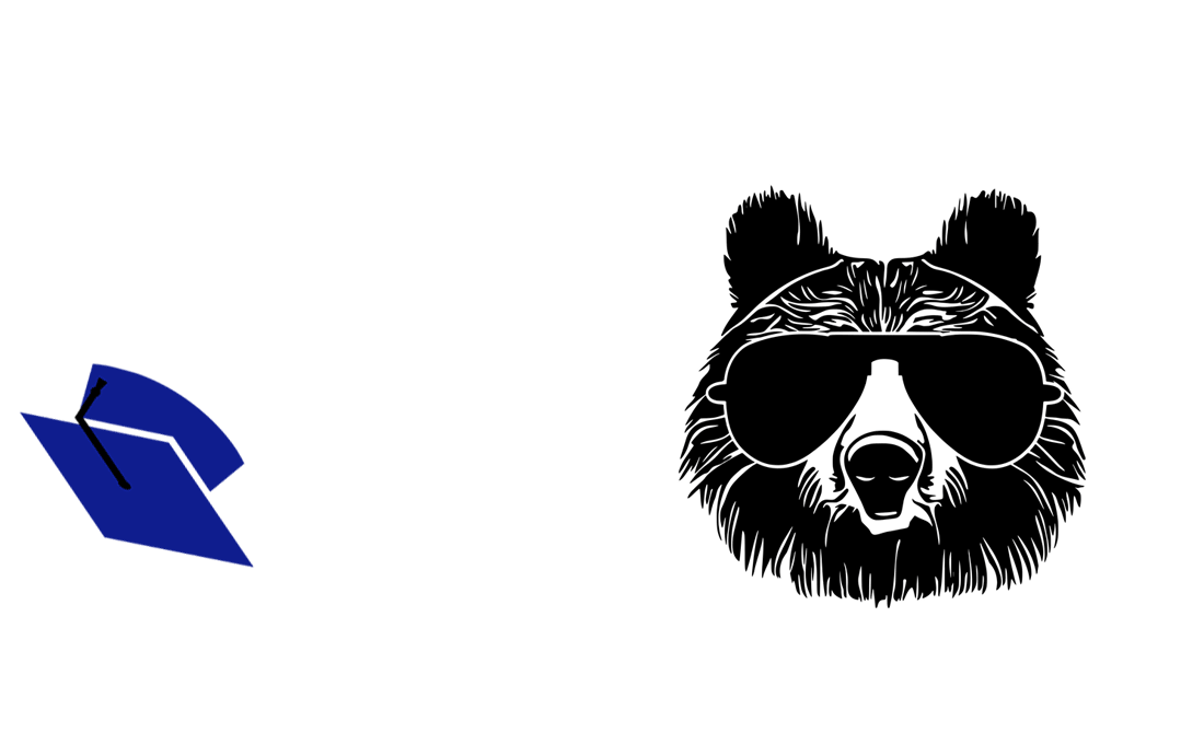 A gif of Kodiak the bear (black) with a blue graduation cap and sunglasses with Cascadia Grad written on them on a white background