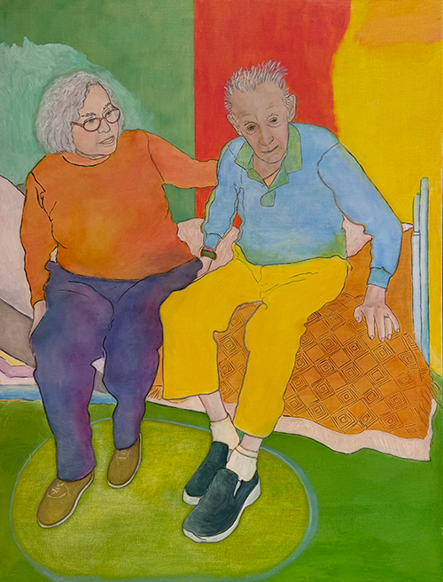 Pair, Oil on Linen Bright and colorful image of a woman caring for an elderly man.