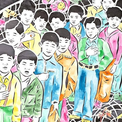 digital art by Lauren Iida, image of boys on a net with their hands on their chest