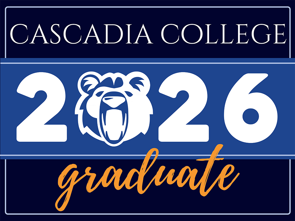 white and orange text on two tone blue background with says, 'Cascadia College 2026 Graduate' with a sylized Kody logo for the '0' in '2026