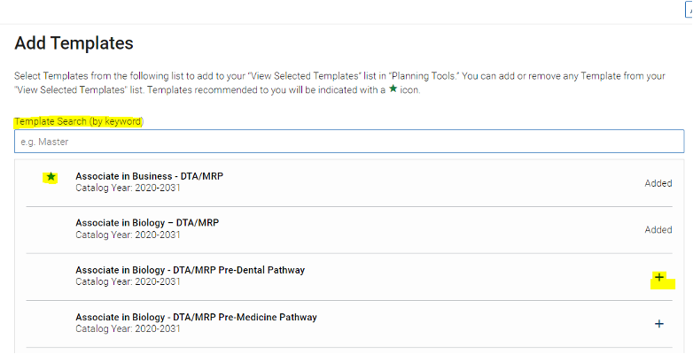 Screenshot of EAB Navigate Navigate360 Add Templates screen.