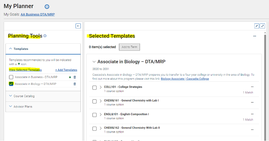 Screenshot of EAB Navigate Navigate360 Selected Templates screen.