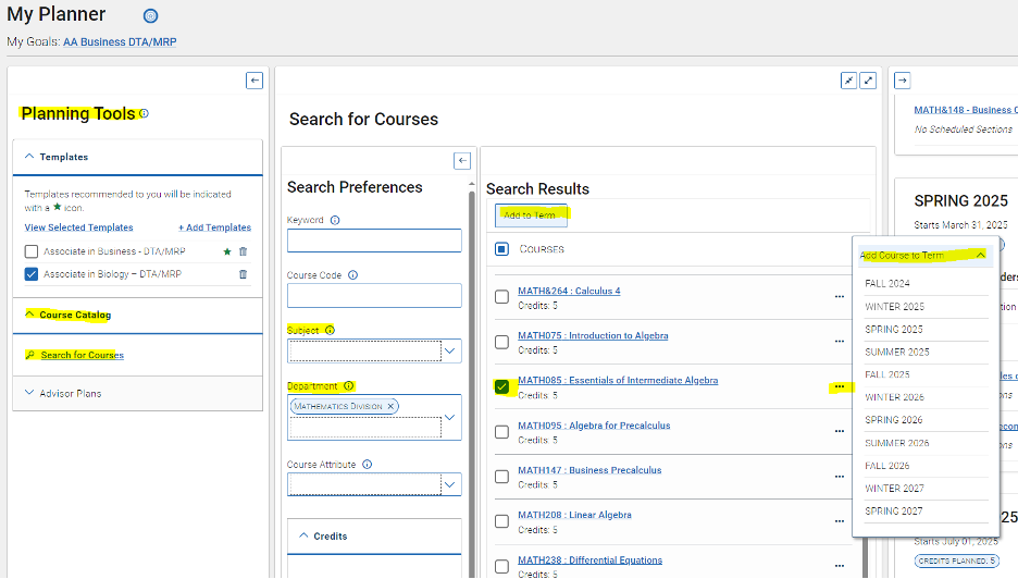 Screenshot of EAB Navigate Navigate360 My Planner screen with all options open.