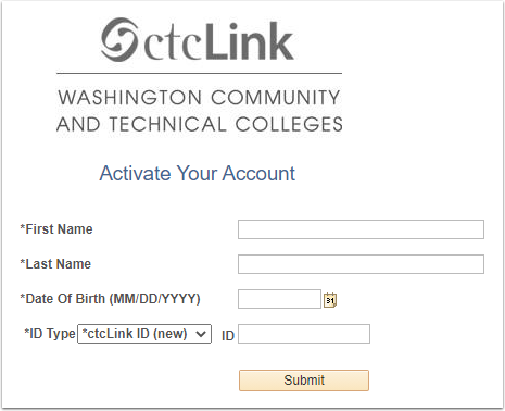 ctcLink Activate Your Account Screenshot