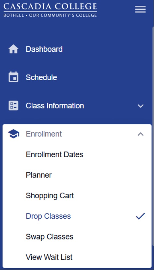 Screenshot of ctcLink Student Portal navigation menu with Enrollment expanded and Shopping Cart selected.