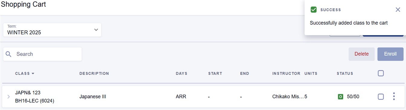 Screenshot of class successfully added to Shopping Cart.