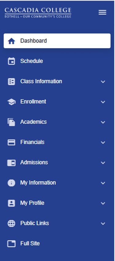 Screenshot of ctcLink Student Portal navigation menu.