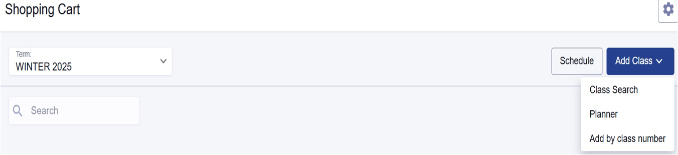 Screenshot of Enrollment Shopping Cart with Add Class expanded.