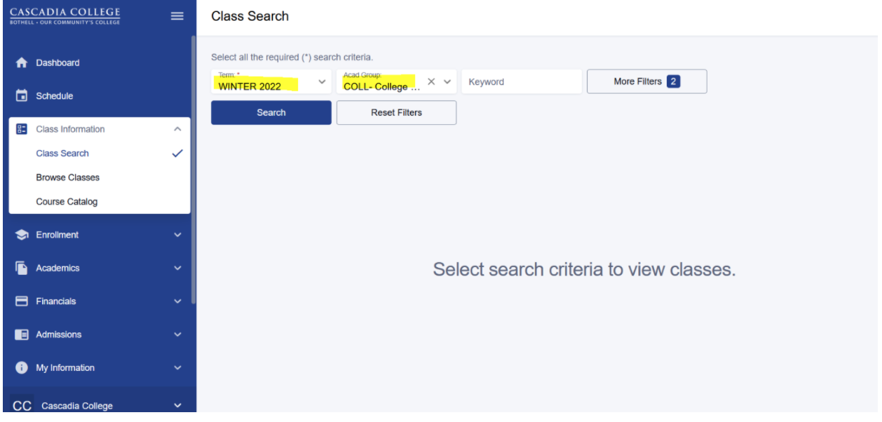 Screenshot of ctcLink Class Search page with Term and Academic Group highlighted