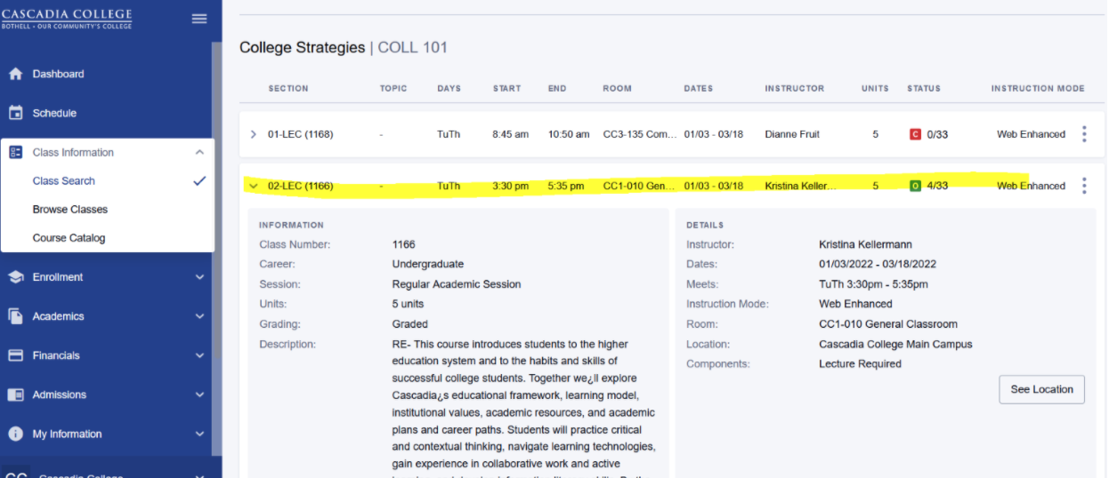 Screenshot of ctcLink Class Search page with a class selected and a section expanded