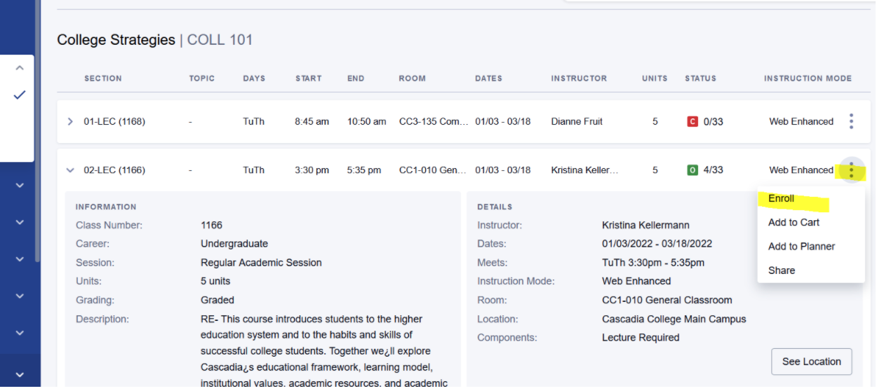Screenshot of ctcLink Class Search page with a class selected, a section expanded, ellipsis menu expanded and Enroll highlighted