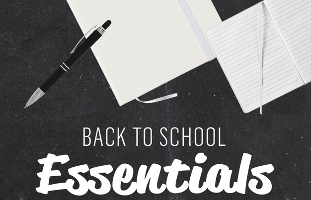 Online Store Promo pen, closed notebook, and open notebook in front of black textured background with text, 'Back to School Essentials'