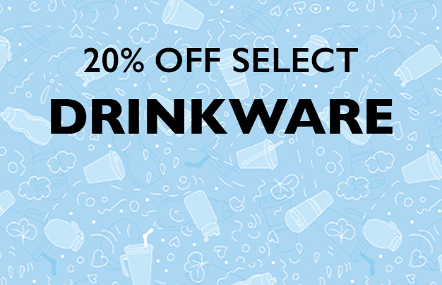 white tumbler illustrated pattern on blue background with black text, '20% Off Select Drinkware'