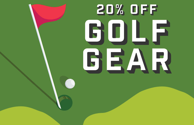 golf green and pin illustration with white text, '20% Off Golf Gear'