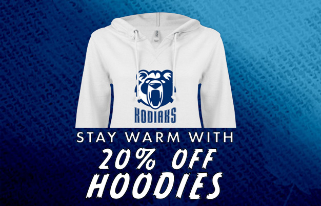 white hoodie with Cascadia Kody logo over blue textured background and text, 'Stay Warm with 20% Off Hoodies'