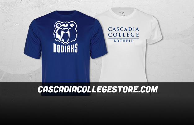 Online Store Promo a white Cascadia t-shirt and a blue Cascadia t-shirt in front of white textured background and text, 'cascadia college store dot com'