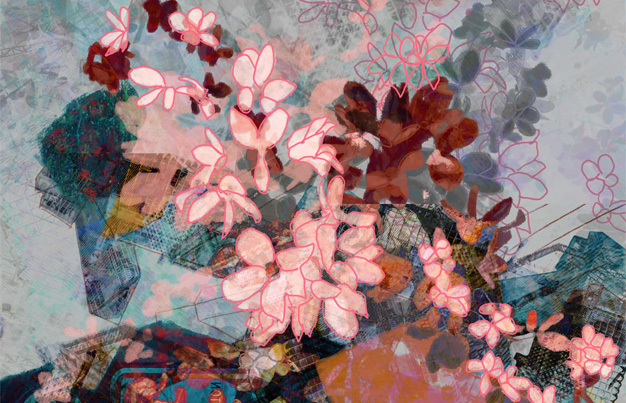digital art by Stephanie Krimmel title, 'Street Blossoms'. Collage of urban photographs and illustrated flowers.