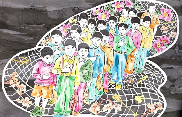 watercolor drawing of boys on a net with their hands on their chest