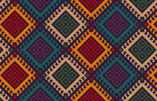 Native American colorful square pattern of red, blue, beige, orange and purple.