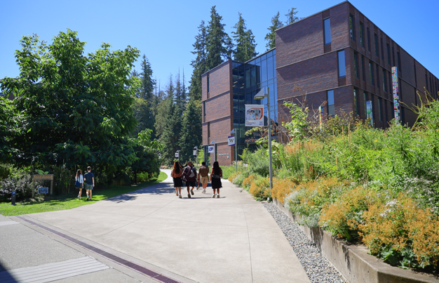 students walking on campus and under a tree