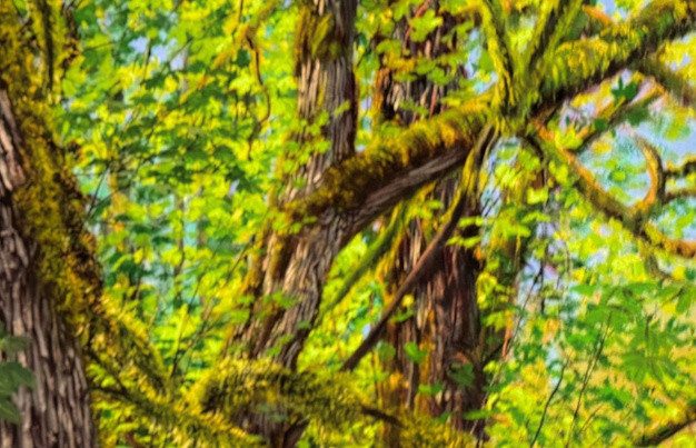 detail of oil painting of yellow-green leaves and tree branches covered in moss