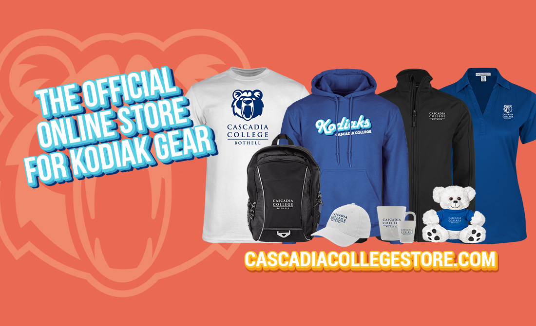 T-shirt, hoodie, zip-up, polo shirt, backpack, hat, mugs, and teddy bear with Cascadia College logo over orange background with text that reads, 'The official online store for Kodiak gear; cascadia college store dot com'