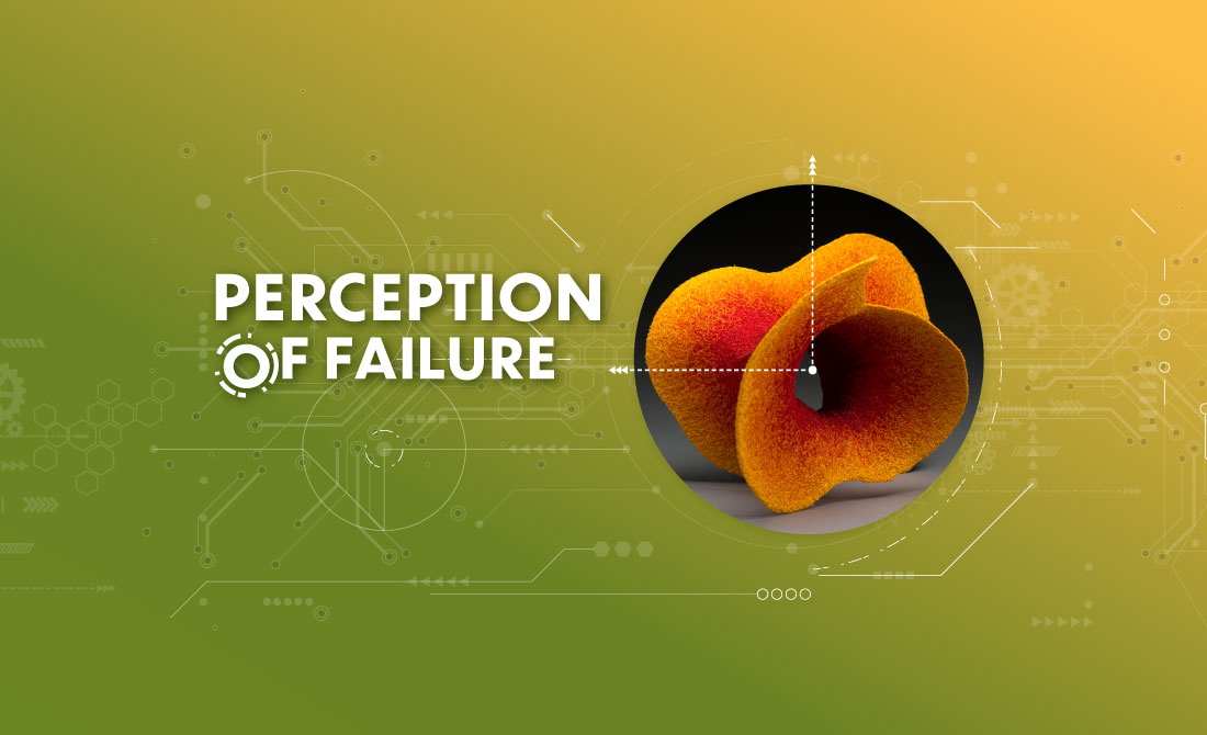 A green background with white outlines of a motherboard and hexagons to give a tech type vibe. In white text it says Perception of Failure with an object to the right of it that looks like the inside of a peach.