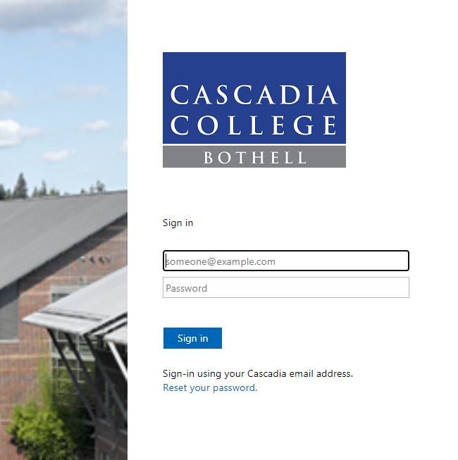 Screenshot of Cascadia's login page with focus on Sign In feature
