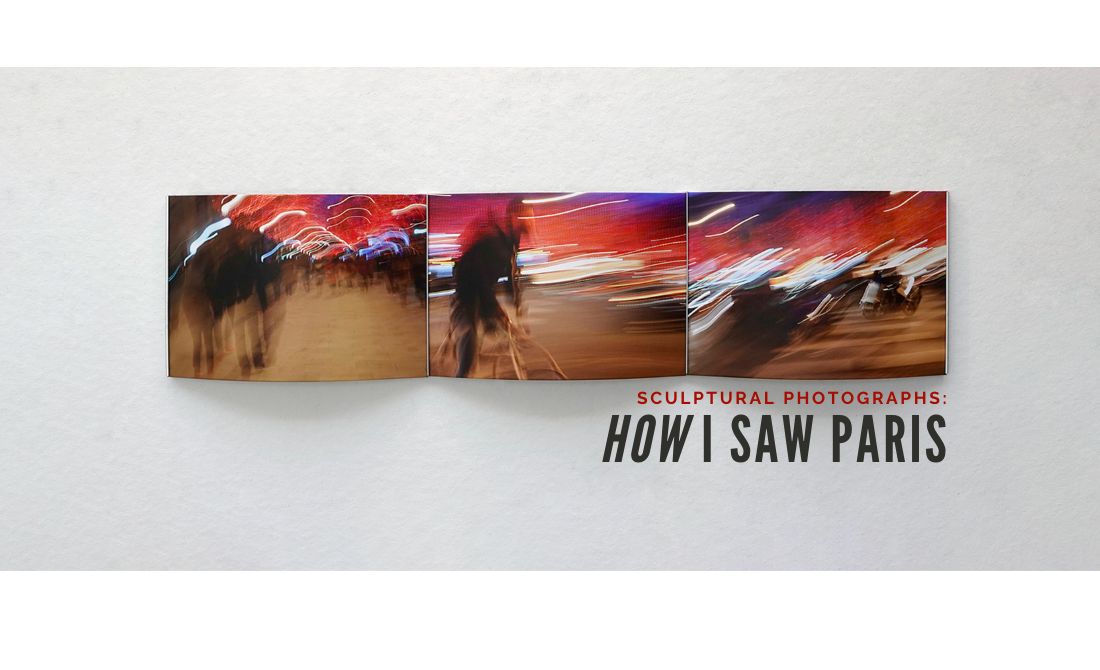 Rose Anne Featherston's 'Avenue des Champs Elysees, Watch Your Step'. Bokeh style photography of streets at night featuring pedestrians, bicyclists, and cars in front of a gray background and text, 'Sculptural Photographs: How I Saw Paris'