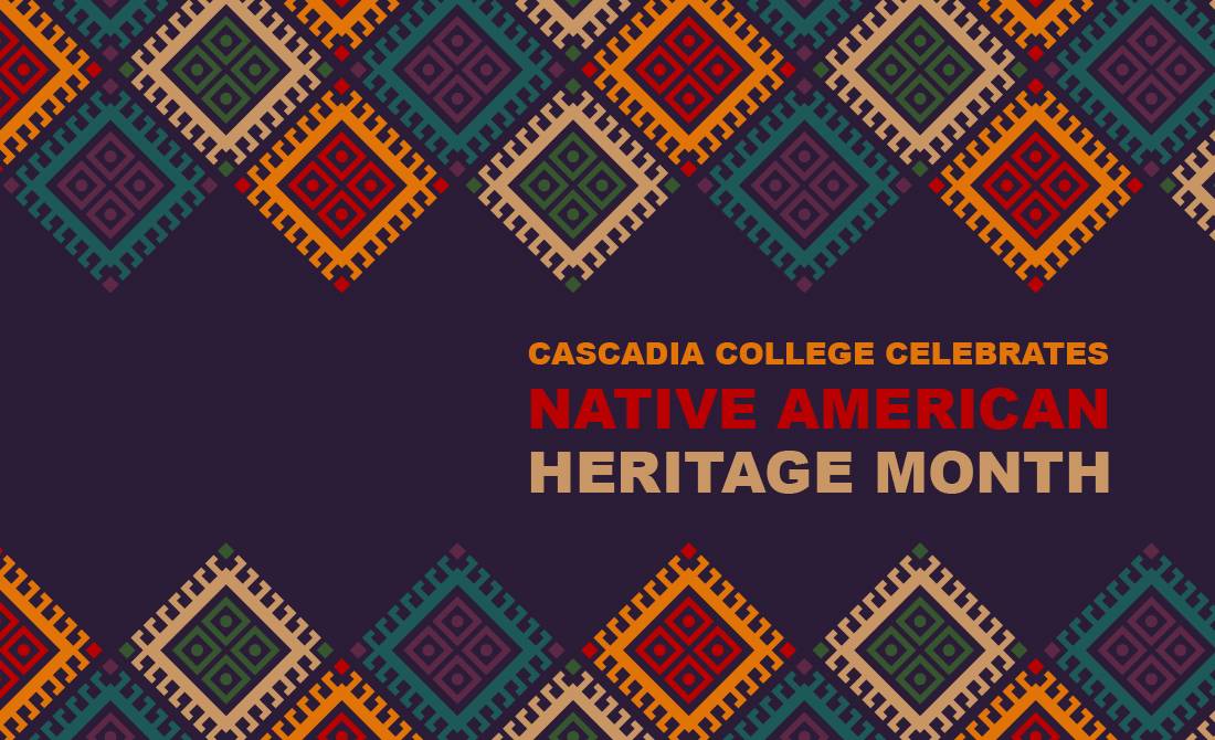 Traditional decorative pattern over dark purple background with text, 'Cascadia College celebrates Native American heritage month'