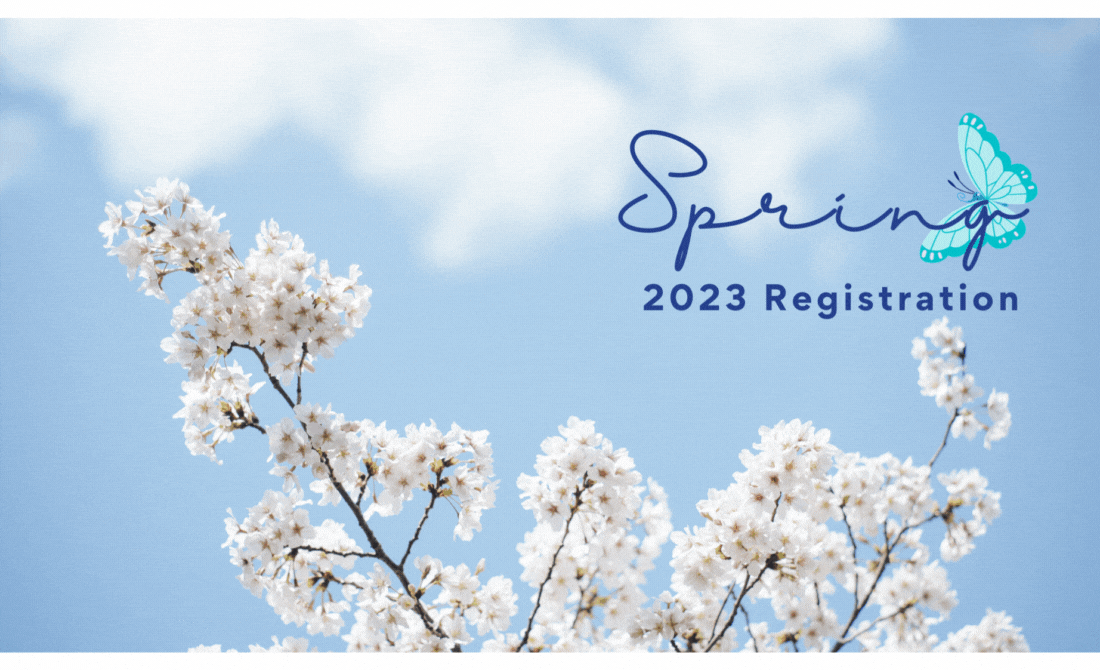 A light blue background with blue text saying 'Spring 2023 Registration' and a blue butterfly on the g. There is also a tree with white flower and in the center of the flower a yellow star. 