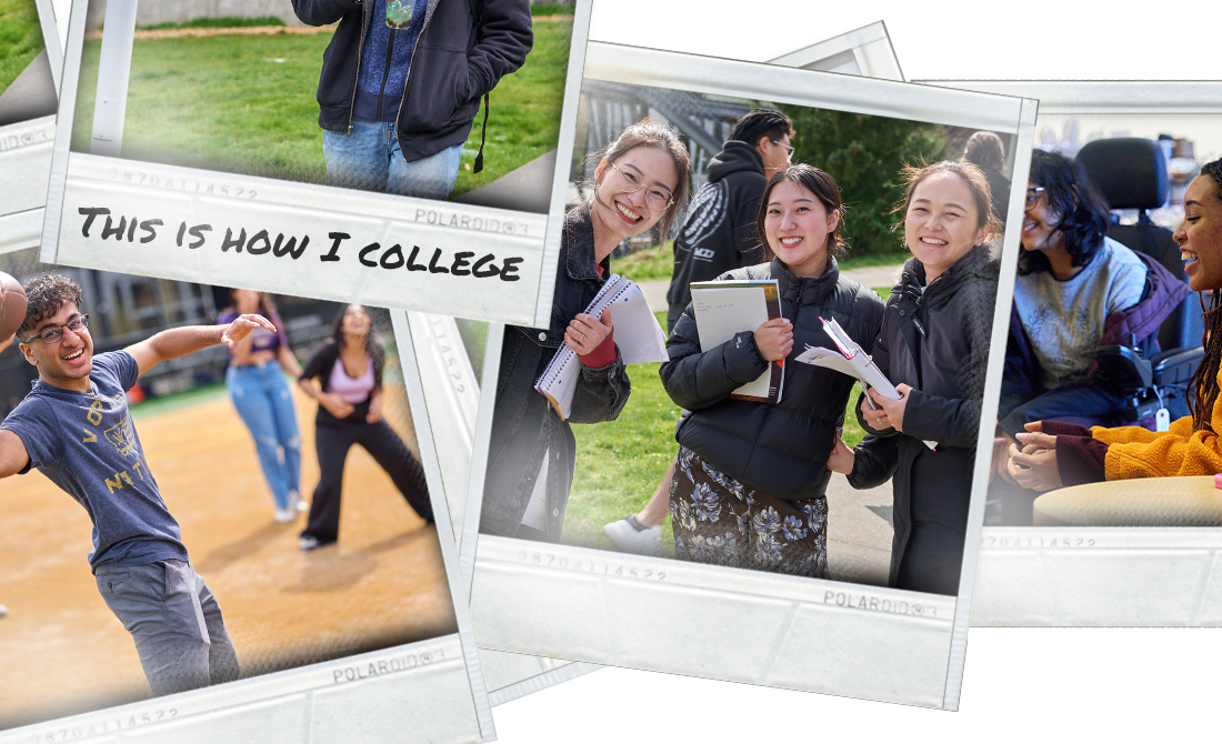 A collage of Polaroid pictures; one with a student throwing a football, one wiht three students holding notebooks and posing for the camera, one with two students laughing while at a cafe, one with only a torso visible and the text 'This is How I College'