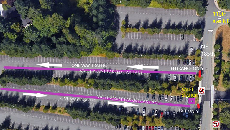 detail map of parking lot for valet parking 2 middle lanes in upper parking lot off of NE 185th