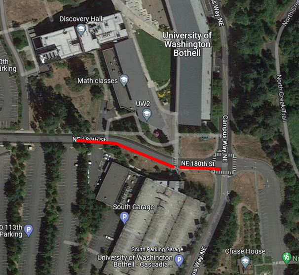 Cascadia-UWB campus map with red line showing road closure Cascadia-UWB campus map with red line showing road closure