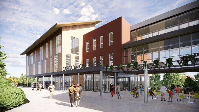 Rendering of future Cascadia CC5 Gateway building from Campus Promenade