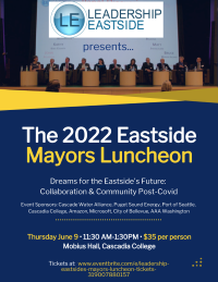 flyer for luncheon event with image of stage and panel and text about the event, blues, yellows and white