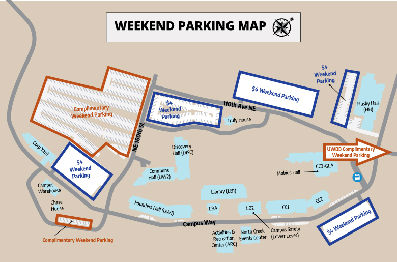 Map of Cascadia College and University of Washington Bothell campus showing complimentary and $4 weekend parking areas