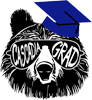Bear head drawing with blue grad cap and sunglasses that say 'Cascadia Grad'